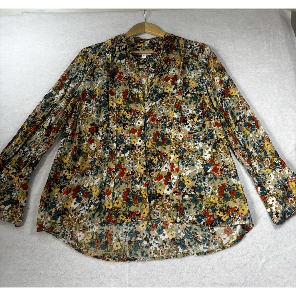 J. Jill Wheat Painterly Floral Button Up Shirt Small Blouse Bell Long‎ Sleeves